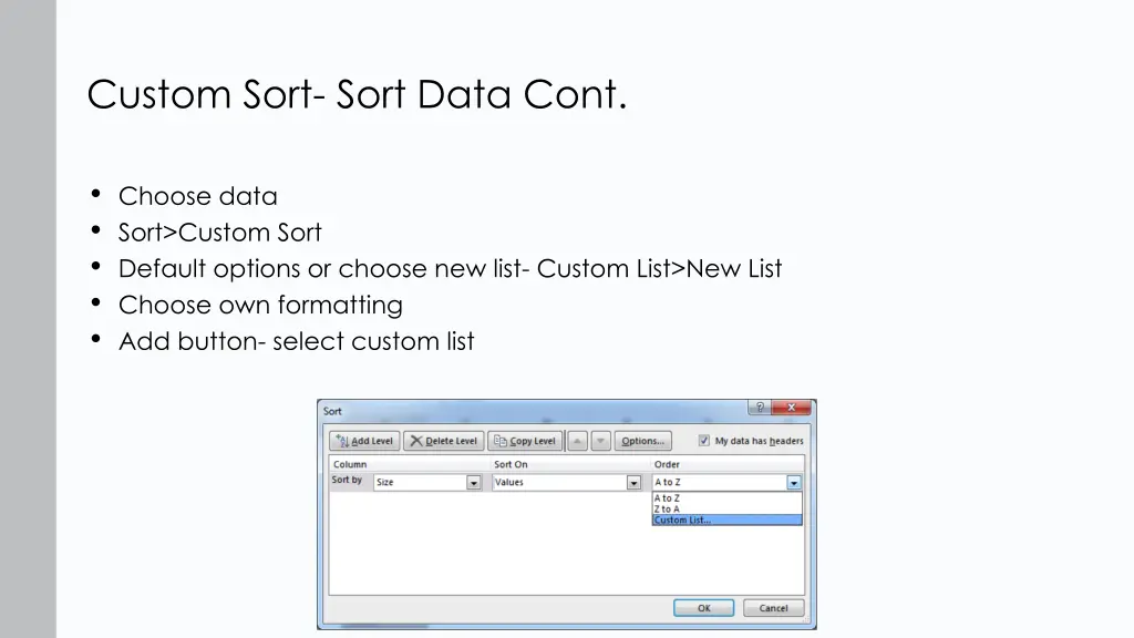 custom sort sort data cont