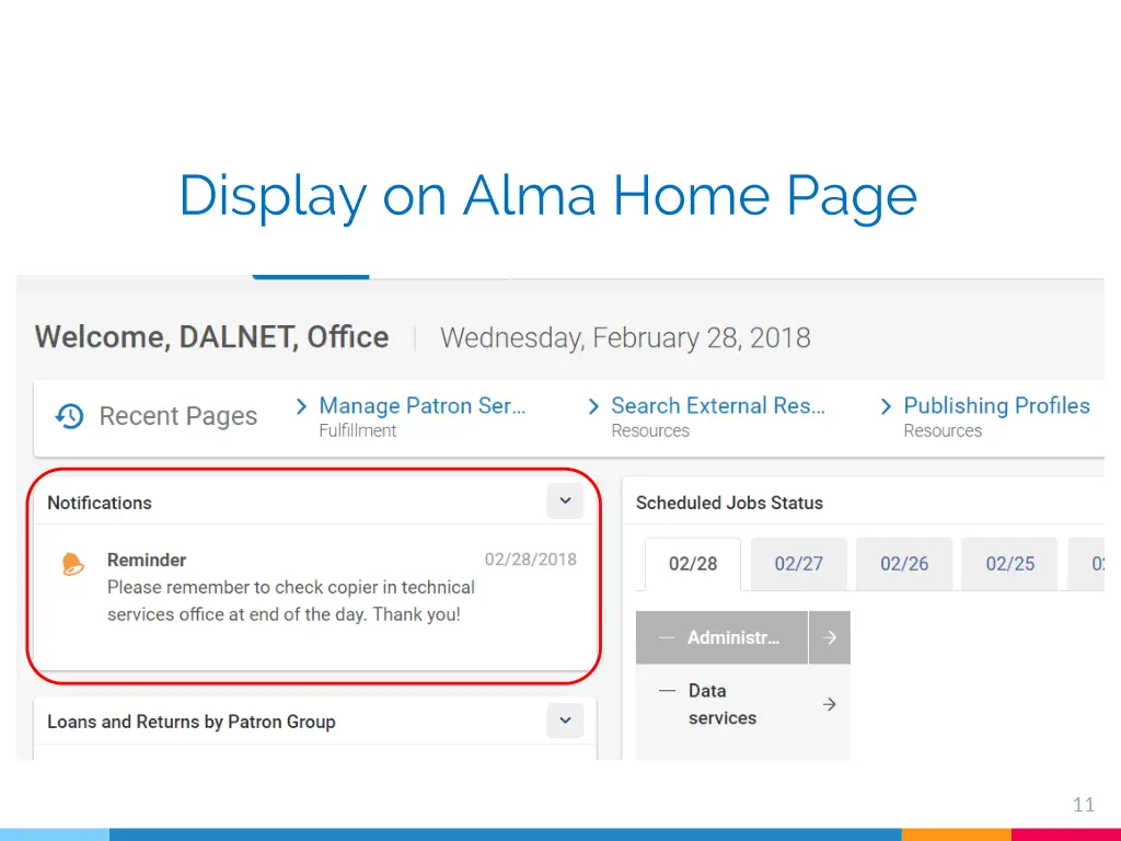 display on alma home page