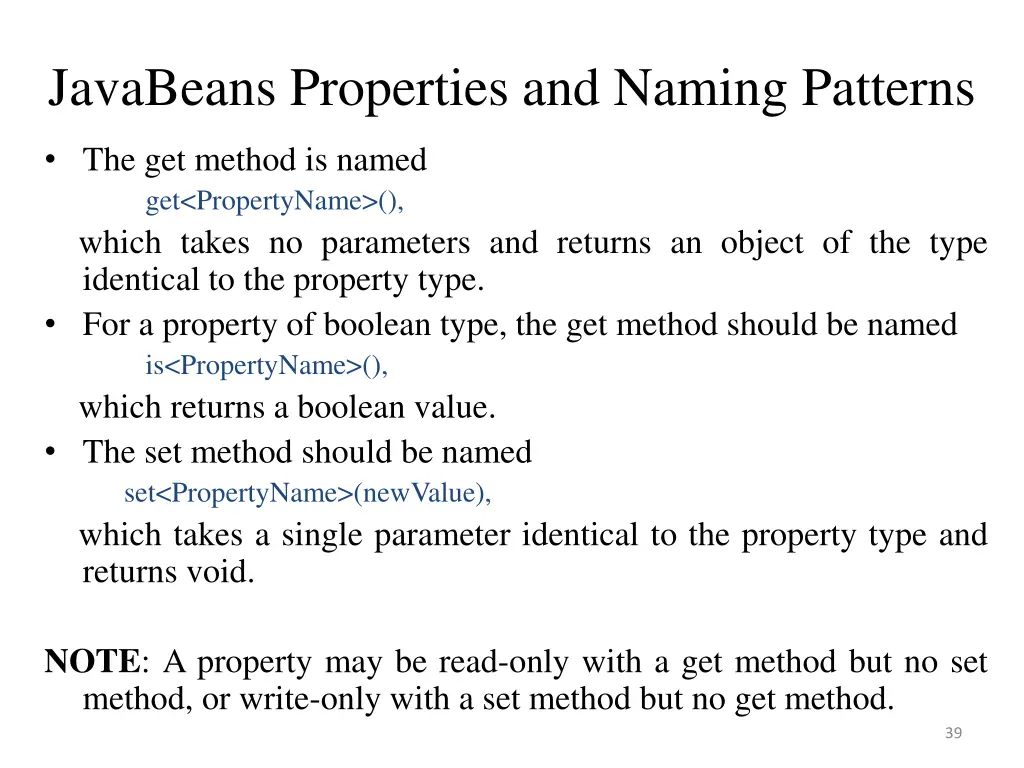 javabeans properties and naming patterns