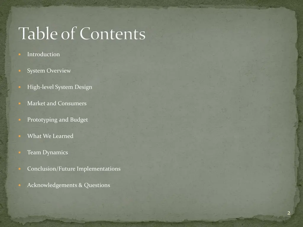 table of contents