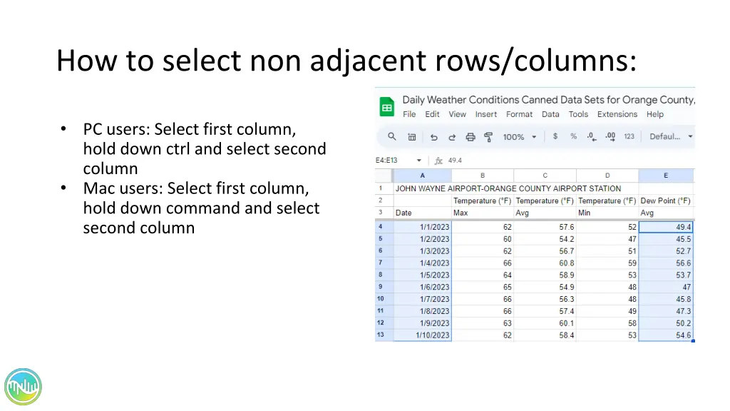 how to select non adjacent rows columns