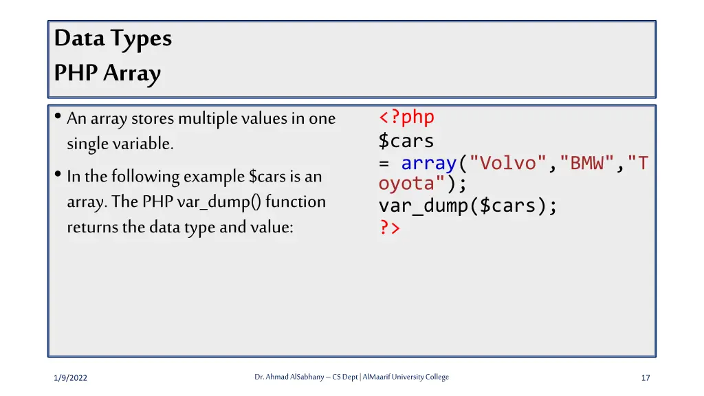 data types php array an array stores multiple
