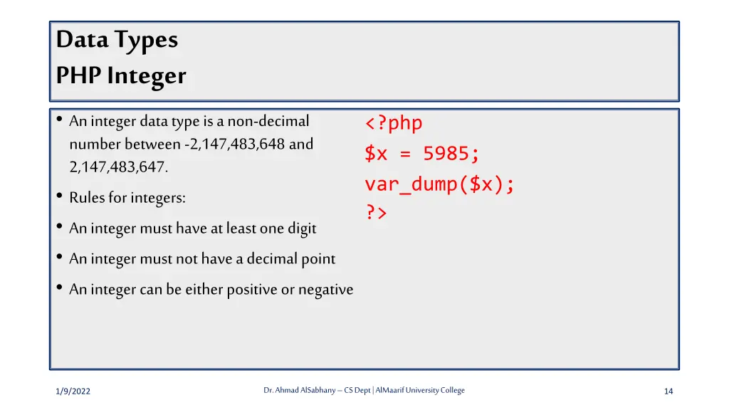 data types php integer an integer data type