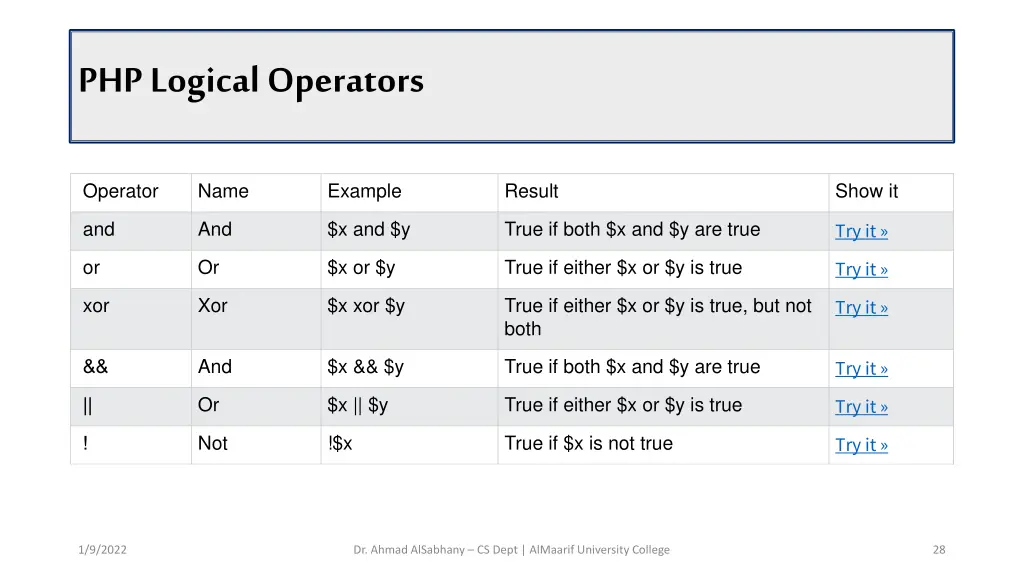 php logical operators