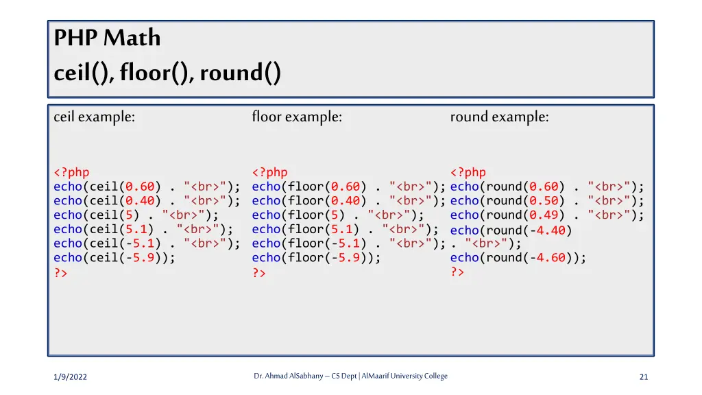 php math ceil floor round ceil example php echo