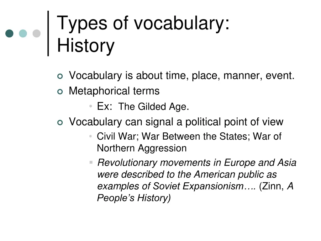 types of vocabulary history