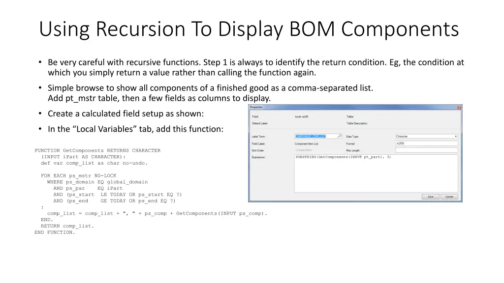 using recursion to display bom components