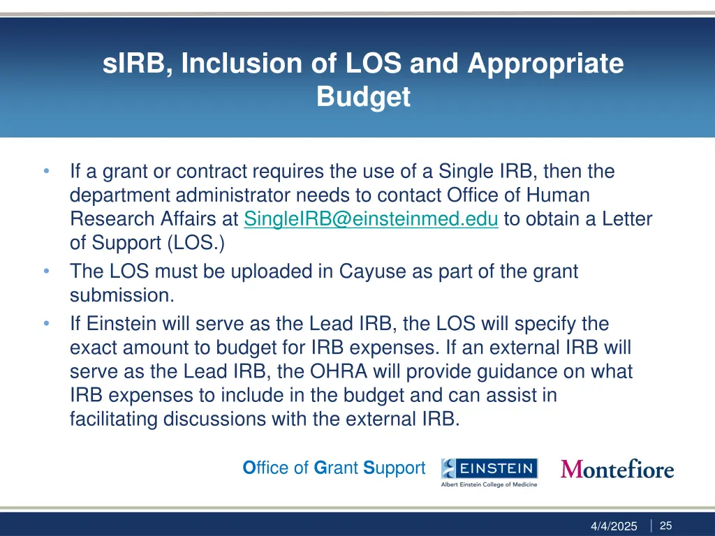 sirb inclusion of los and appropriate budget