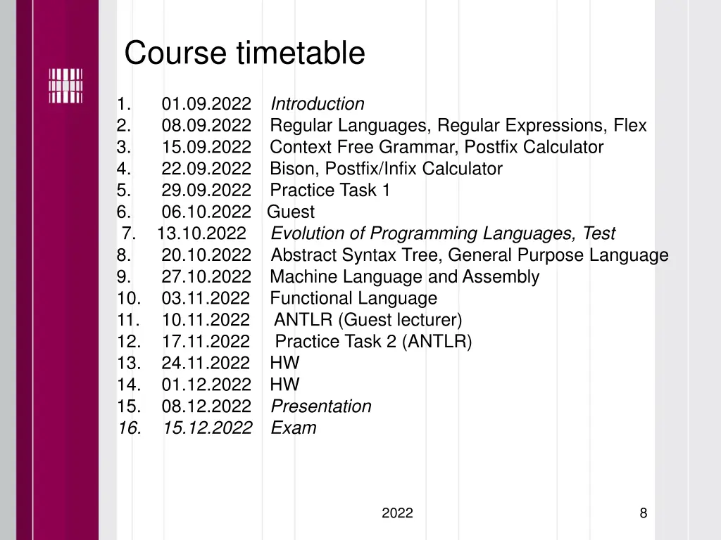 course timetable