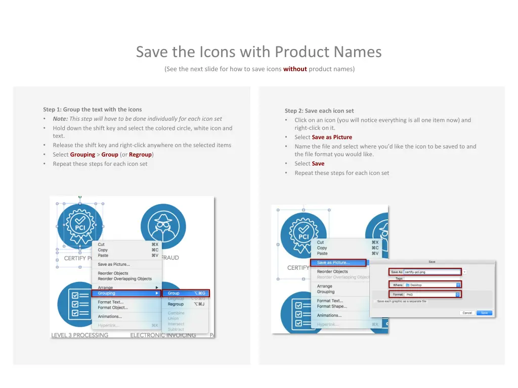 save the icons with product names