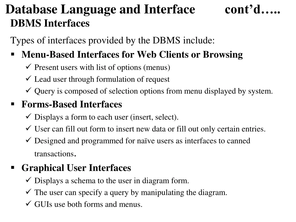 database language and interface cont d dbms