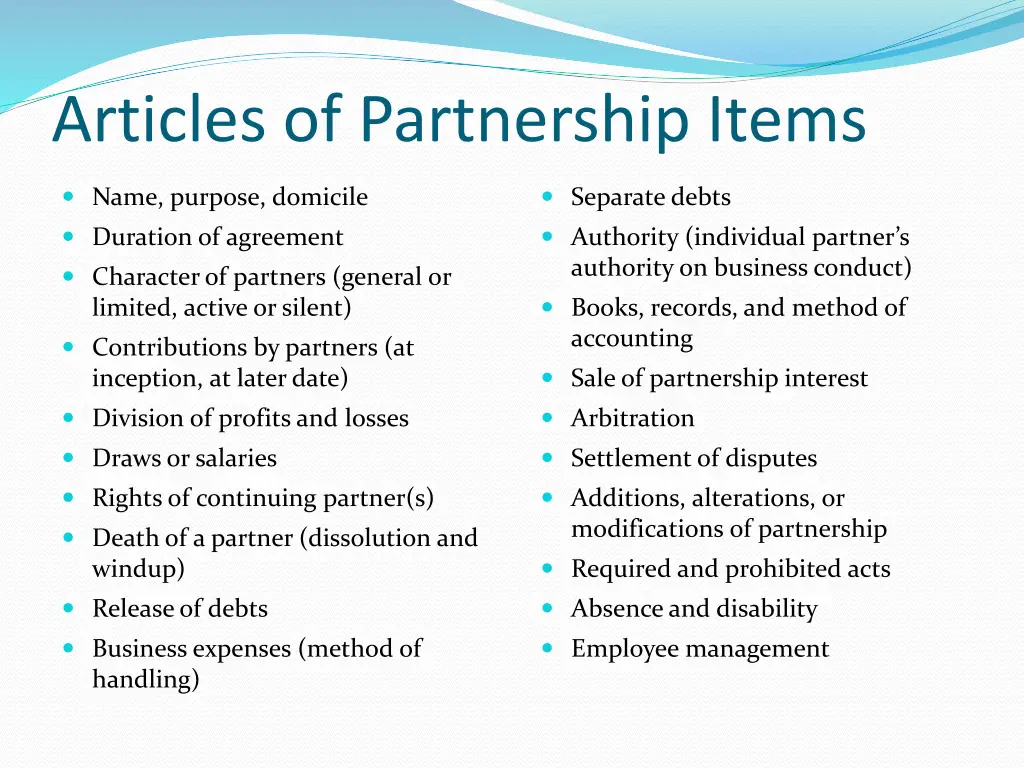 articles of partnership items