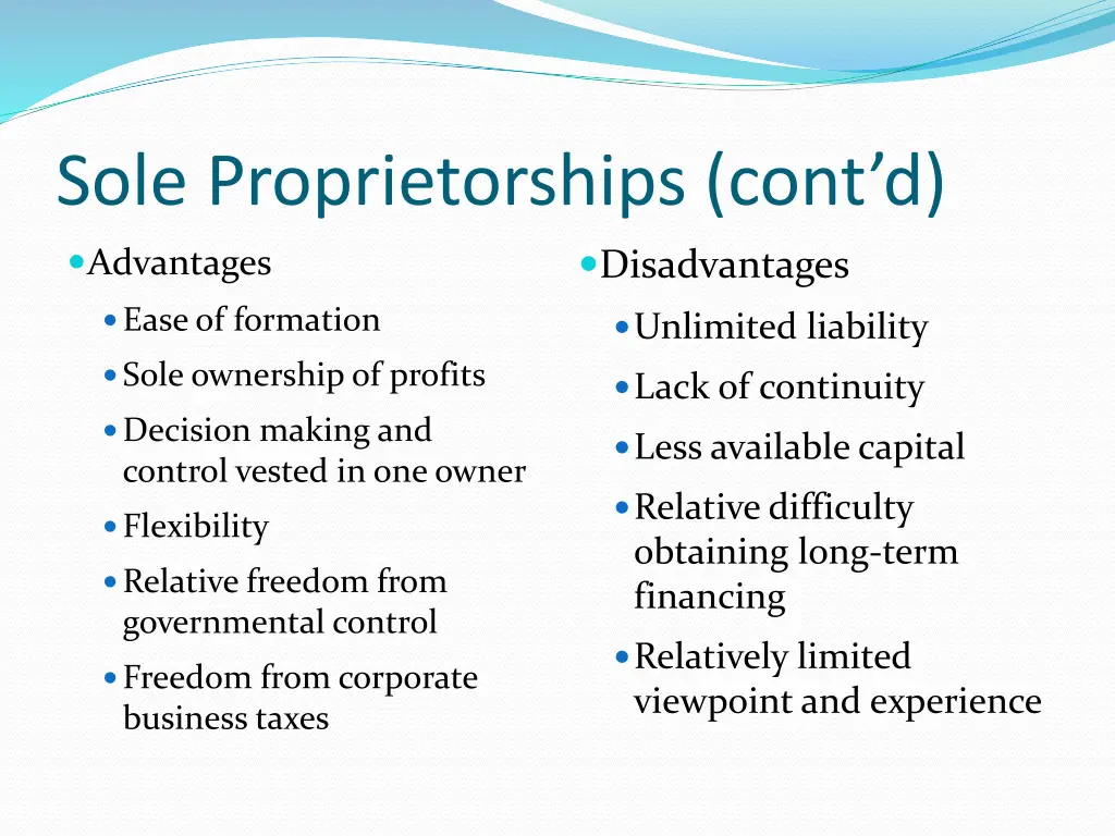 sole proprietorships cont d