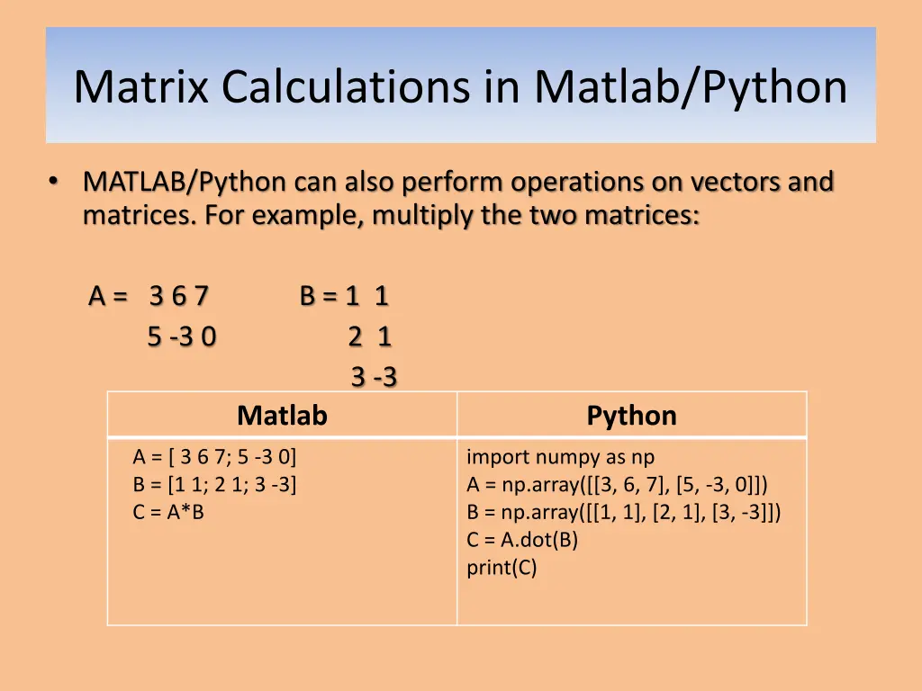 matrix calculations in matlab python