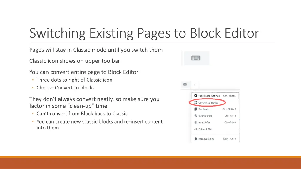switching existing pages to block editor
