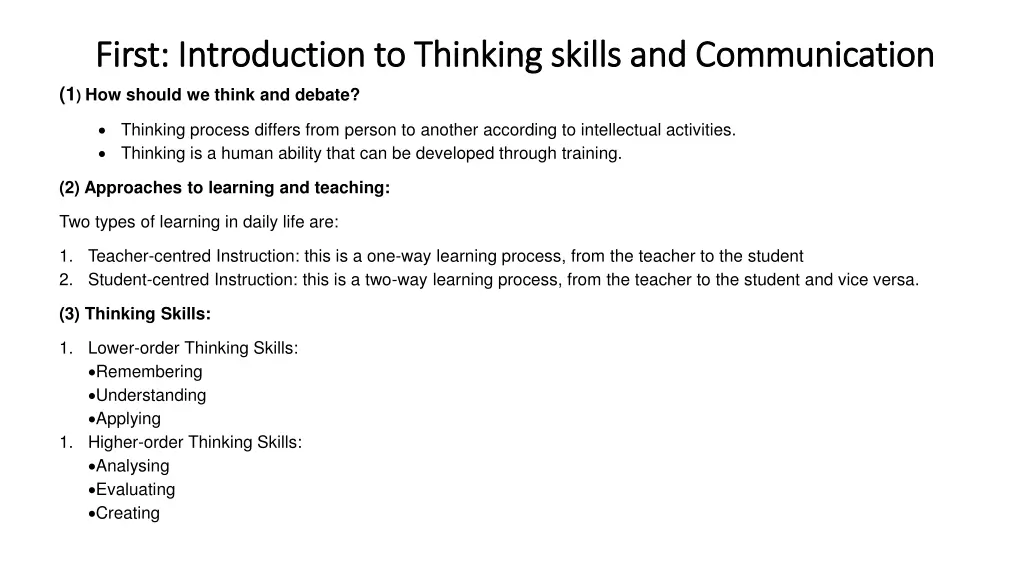 first introduction to thinking skills and first