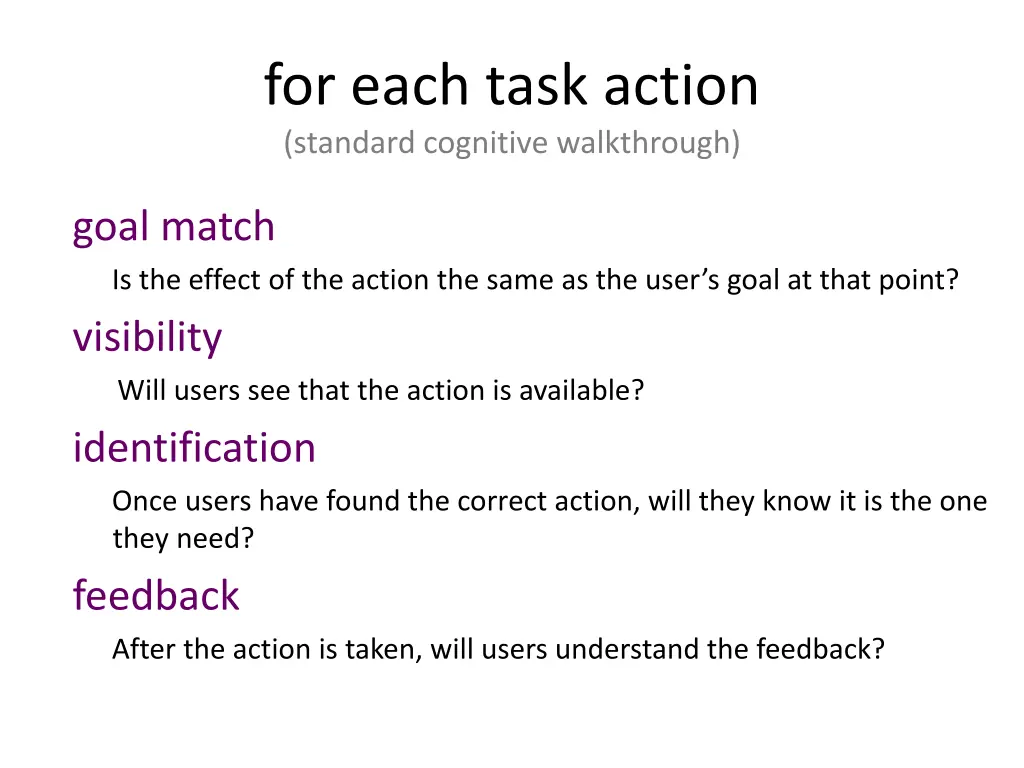 for each task action standard cognitive