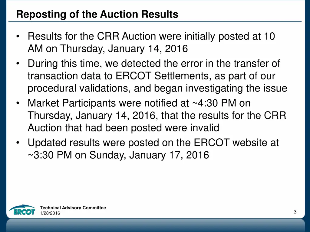 reposting of the auction results