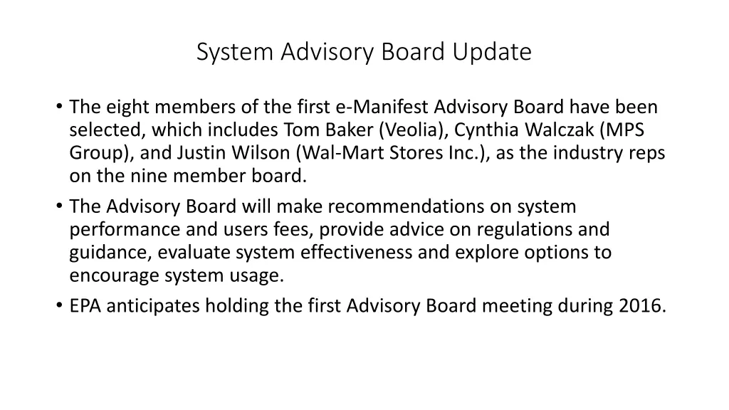 system advisory board update