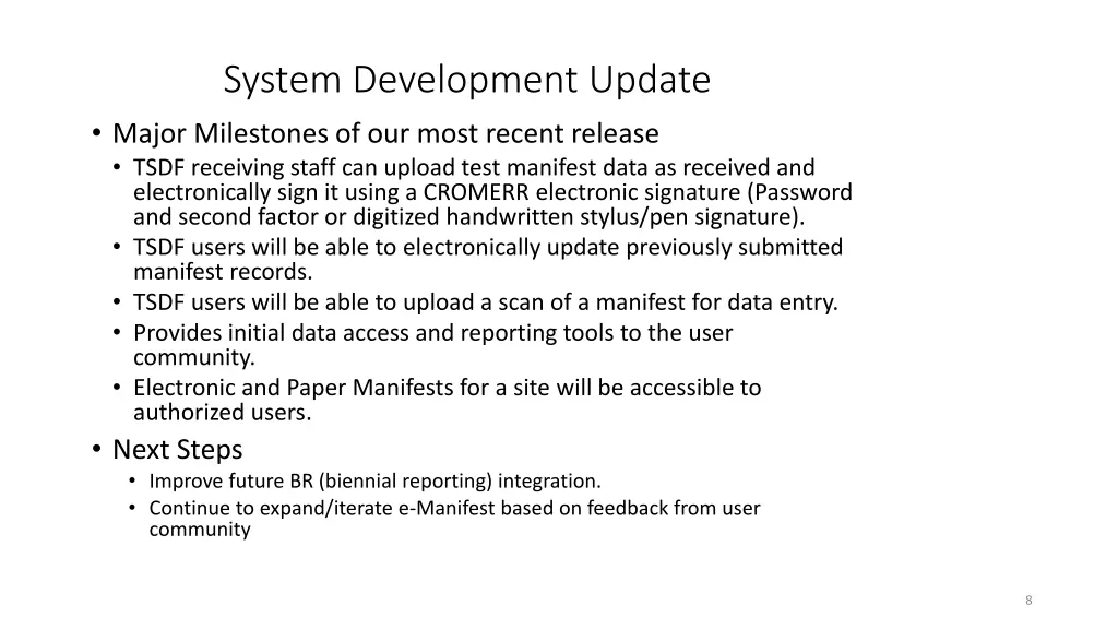 system development update major milestones