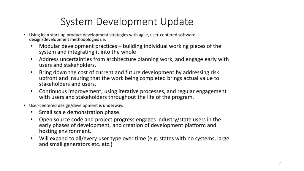 system development update