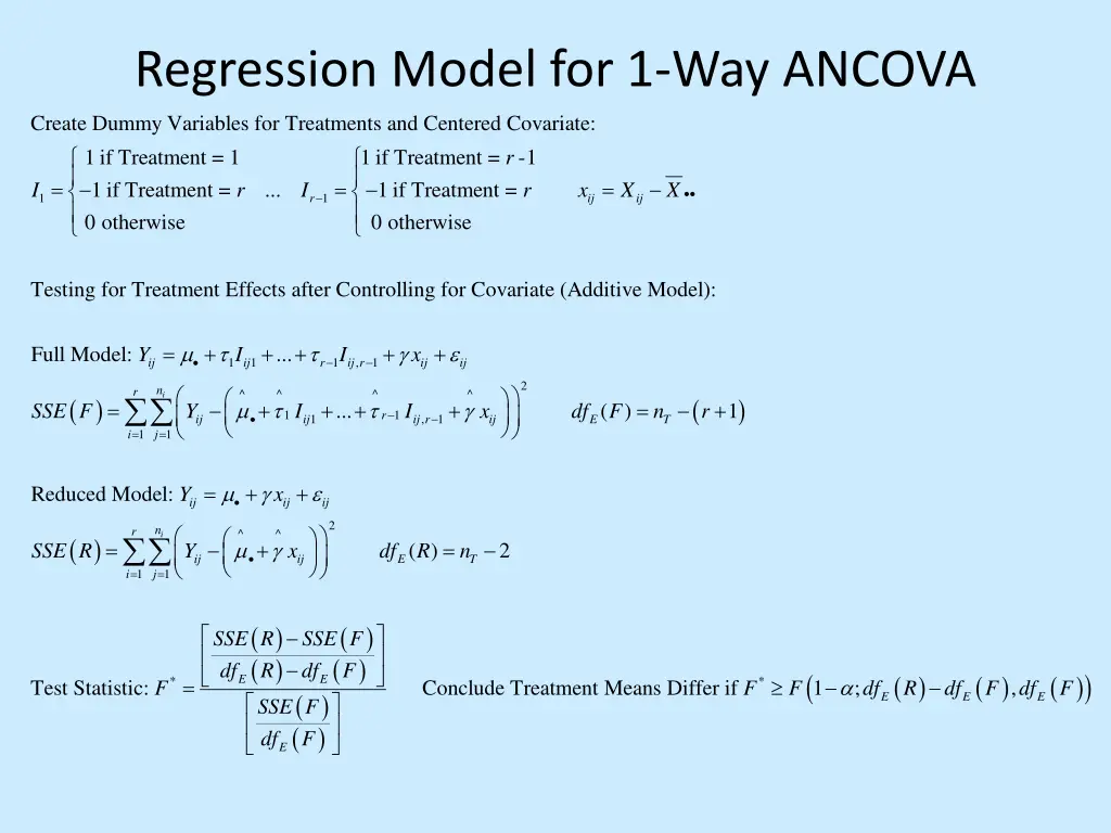 regression model for 1 way ancova create dummy