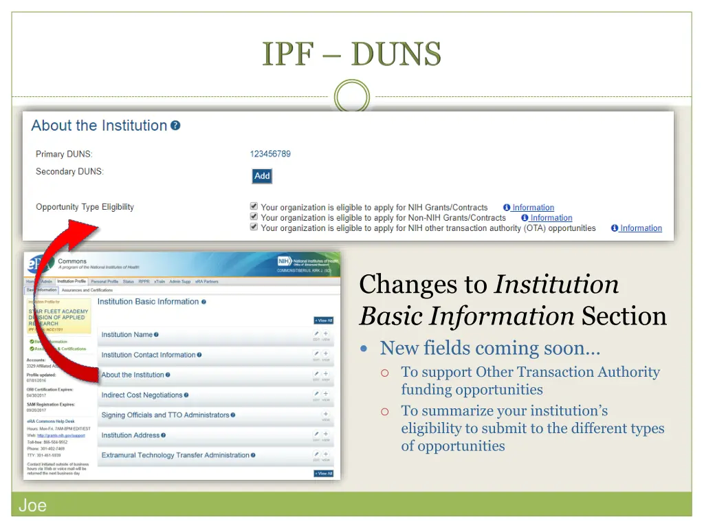 changes to institution basic information section