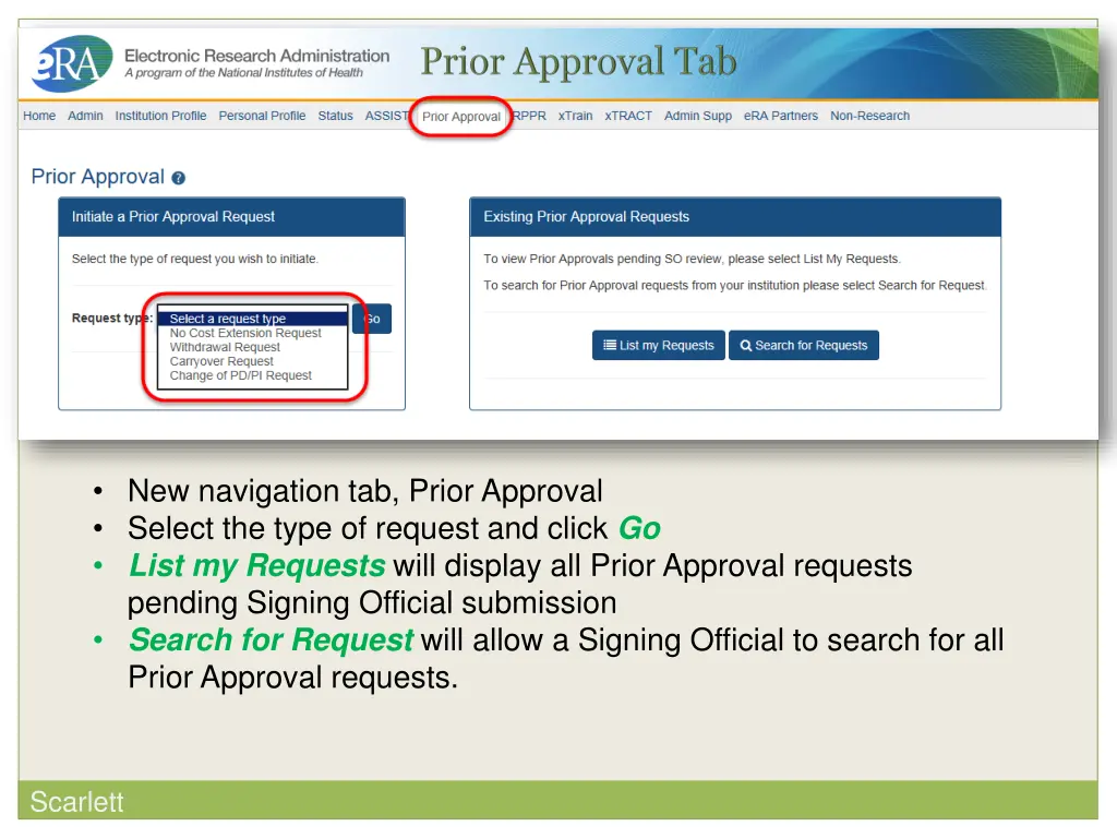 new navigation tab prior approval select the type