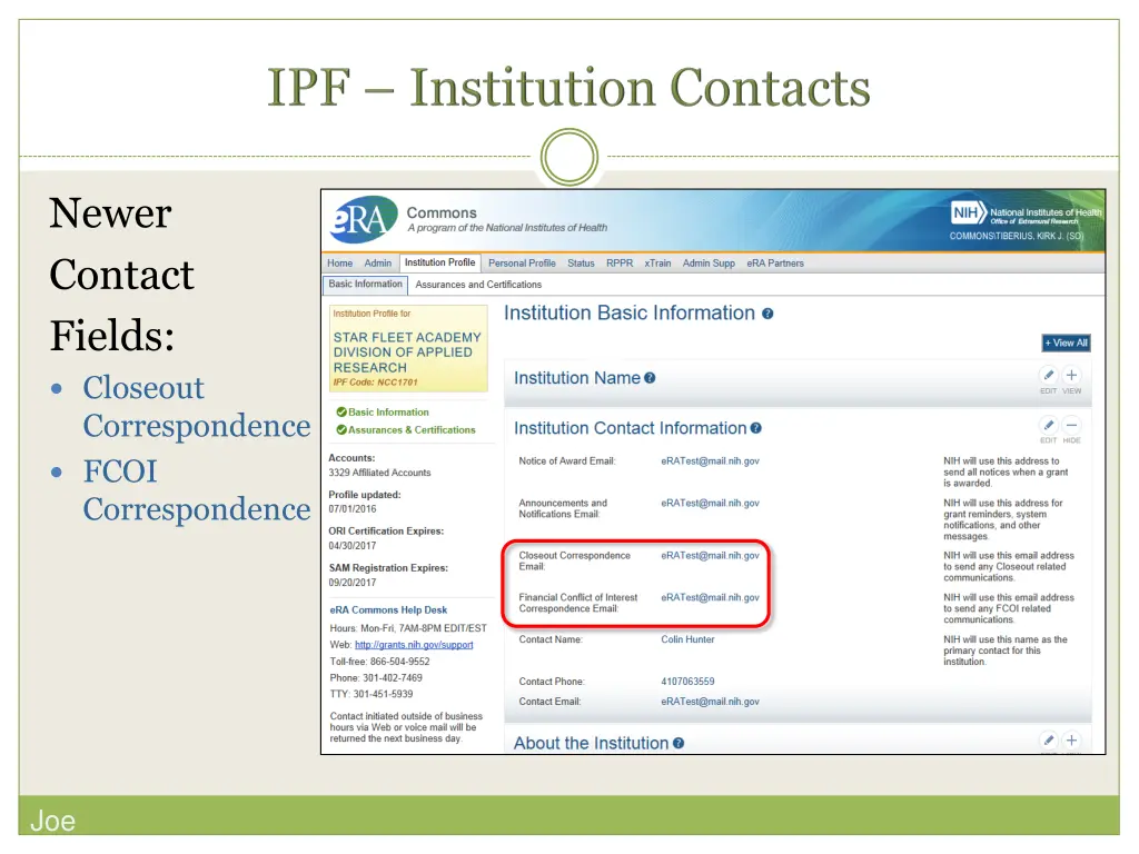 newer contact fields closeout correspondence fcoi