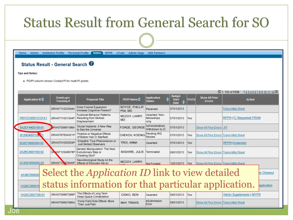 select the application id link to view detailed