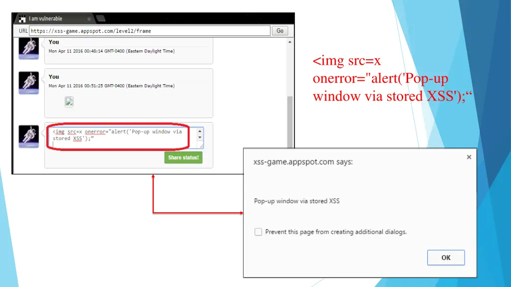 img src x onerror alert pop up window via stored