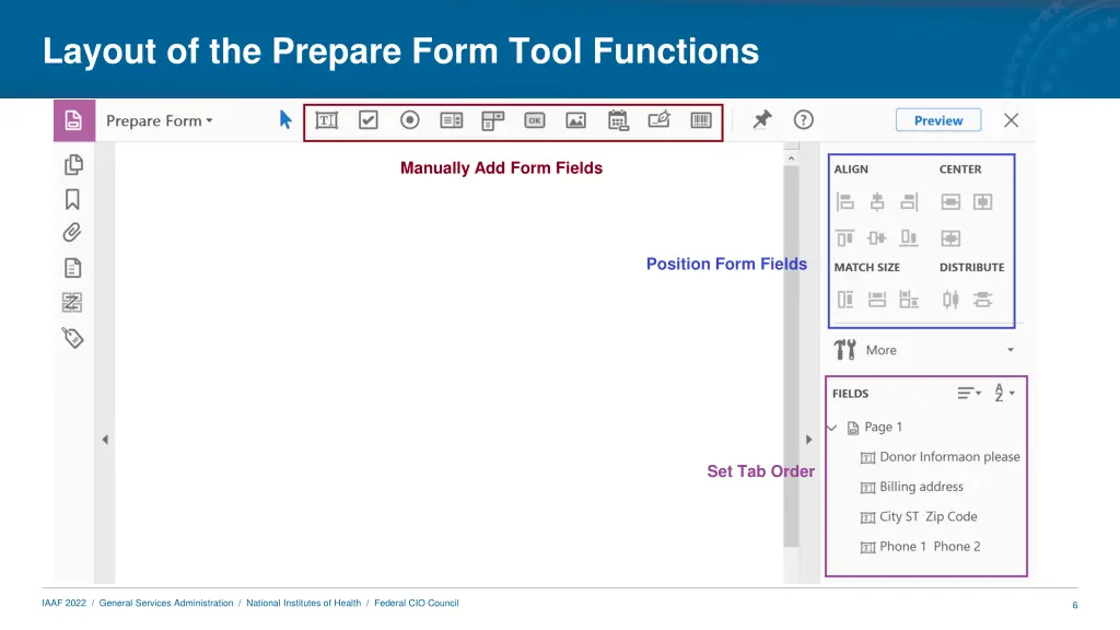layout of the prepare form tool functions