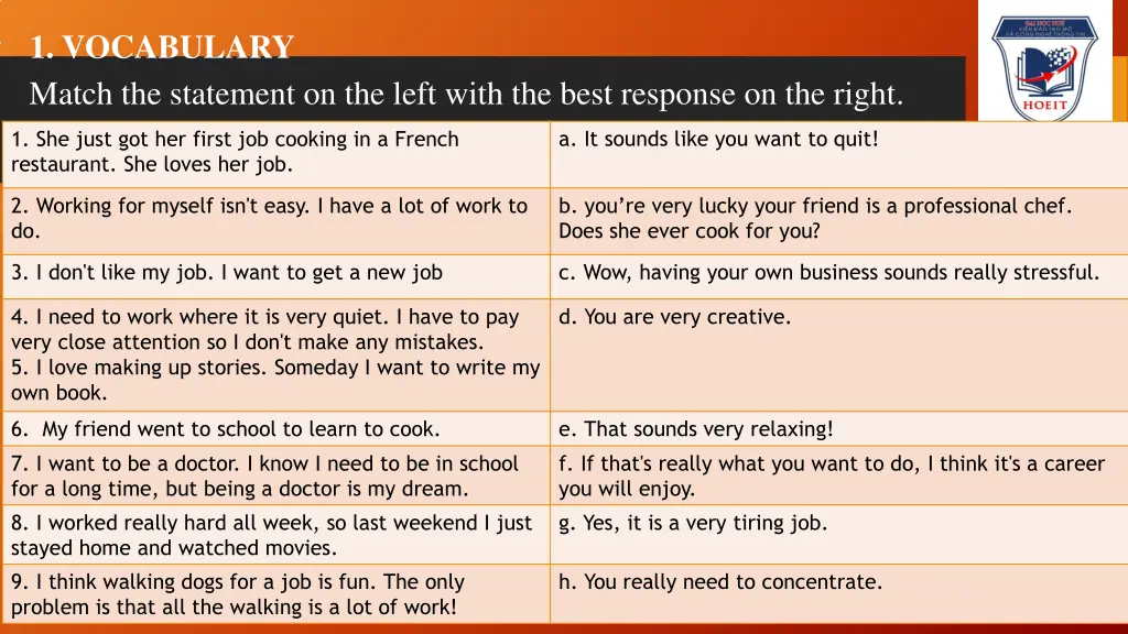 1 vocabulary match the statement on the left with