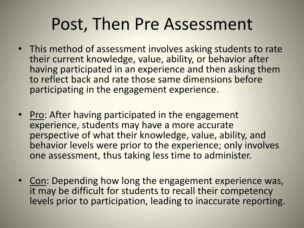 post then pre assessment