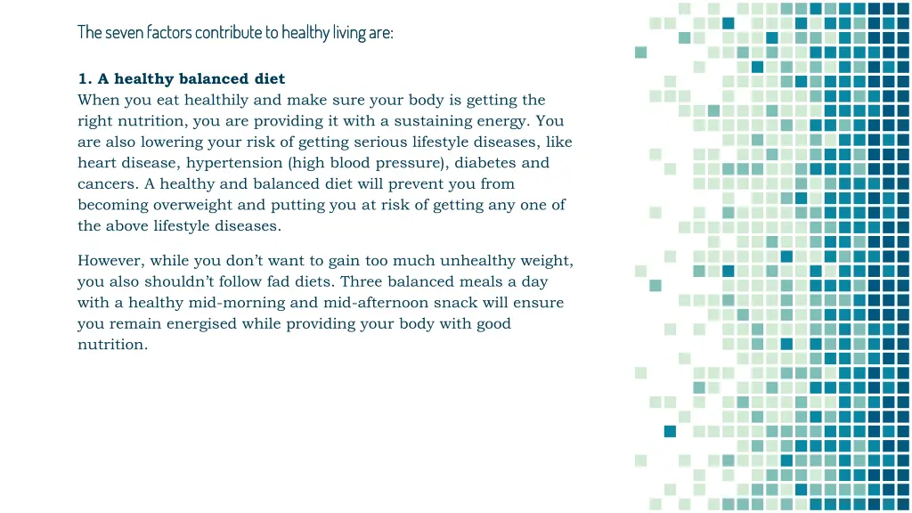 the seven factors contribute to healthy living