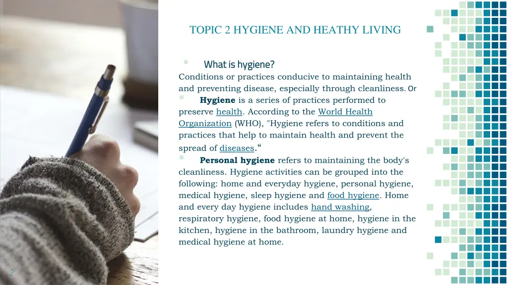 topic 2 hygiene and heathy living