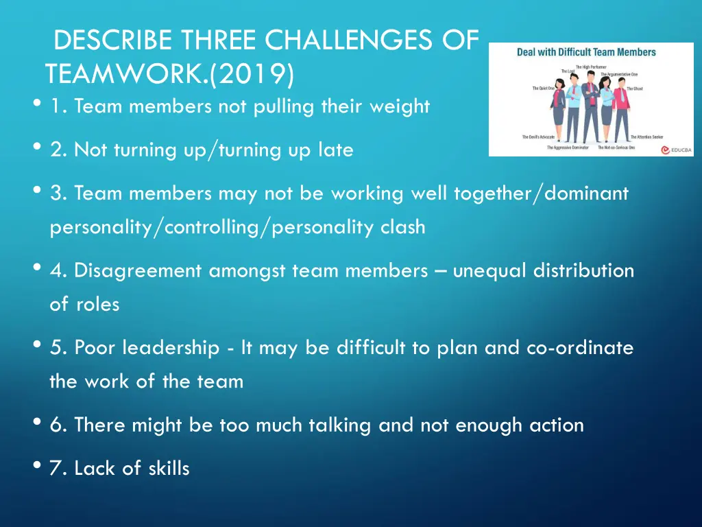 describe three challenges of teamwork 2019 1 team