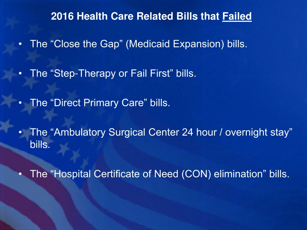2016 health care related bills that failed