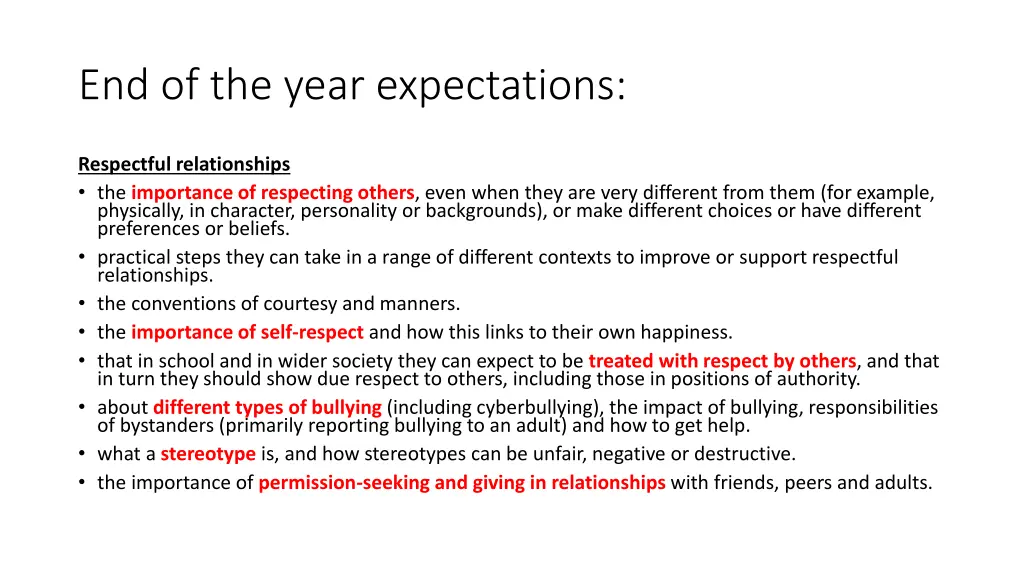 end of the year expectations 2