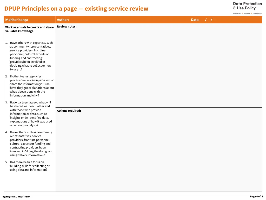 dpup principles on a page existing service review