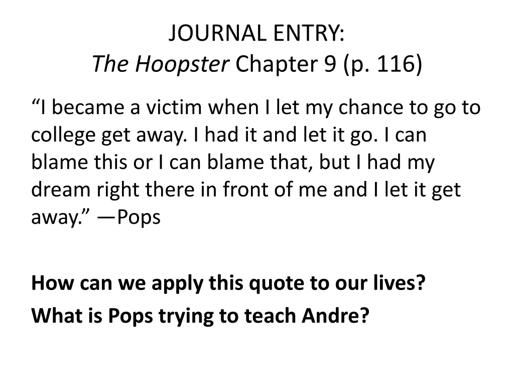 journal entry the hoopster chapter 9 p 116