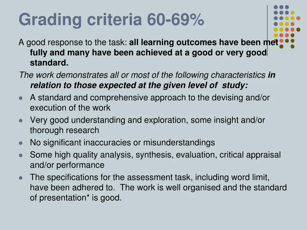 grading criteria 60 69