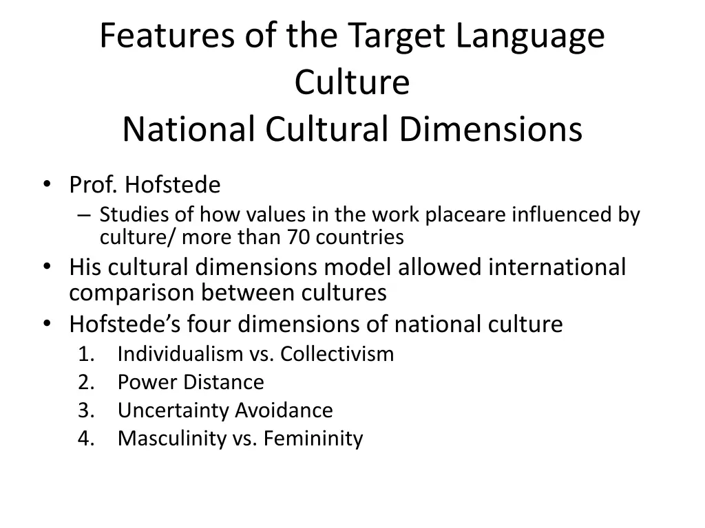 features of the target language culture national