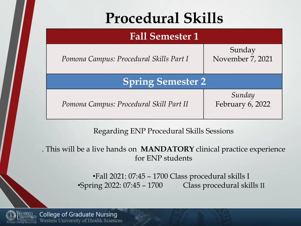 procedural skills fall semester 1