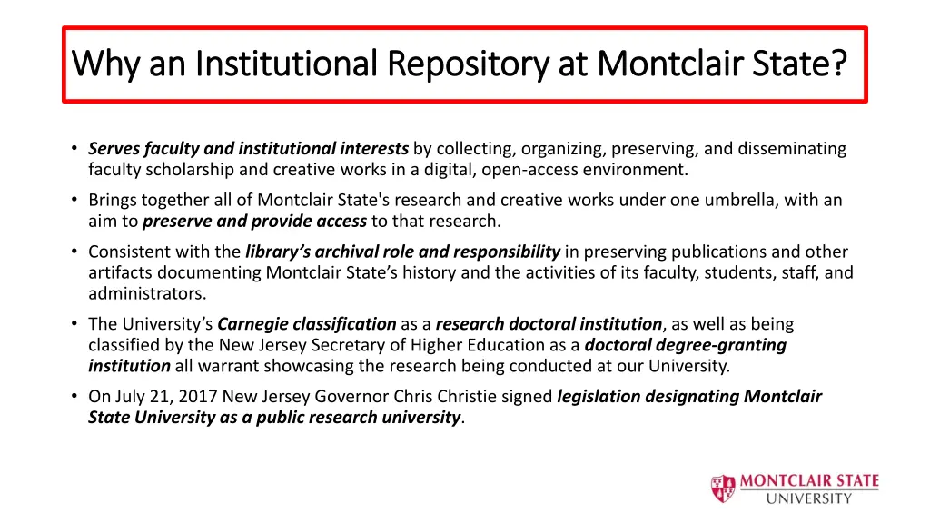 why an institutional repository at montclair