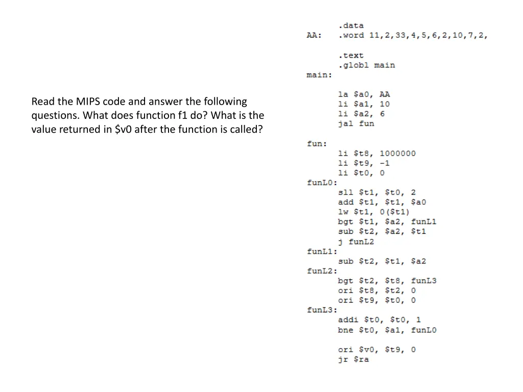 read the mips code and answer the following