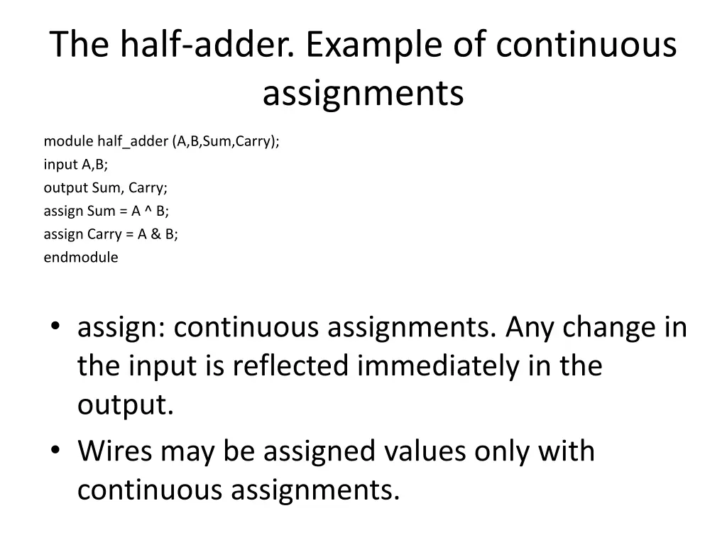 the half adder example of continuous assignments