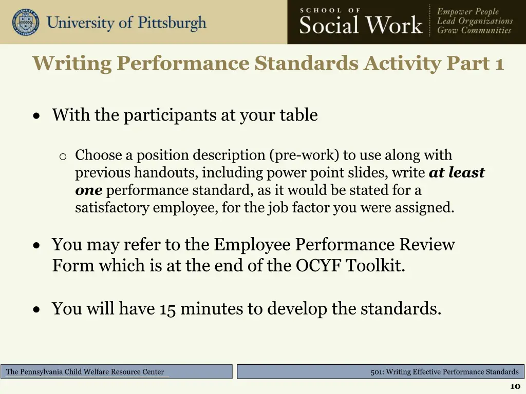 writing performance standards activity part 1