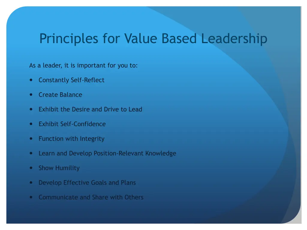 principles for value based leadership