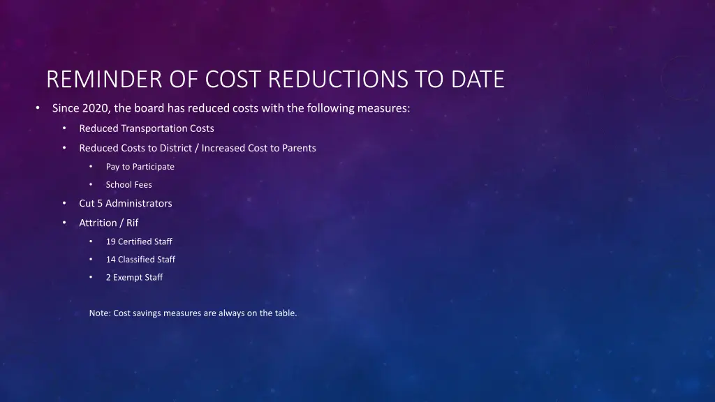 reminder of cost reductions to date